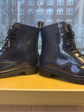 Michael Kors Ladies Glossy Blue Lace-Up Combat Boots